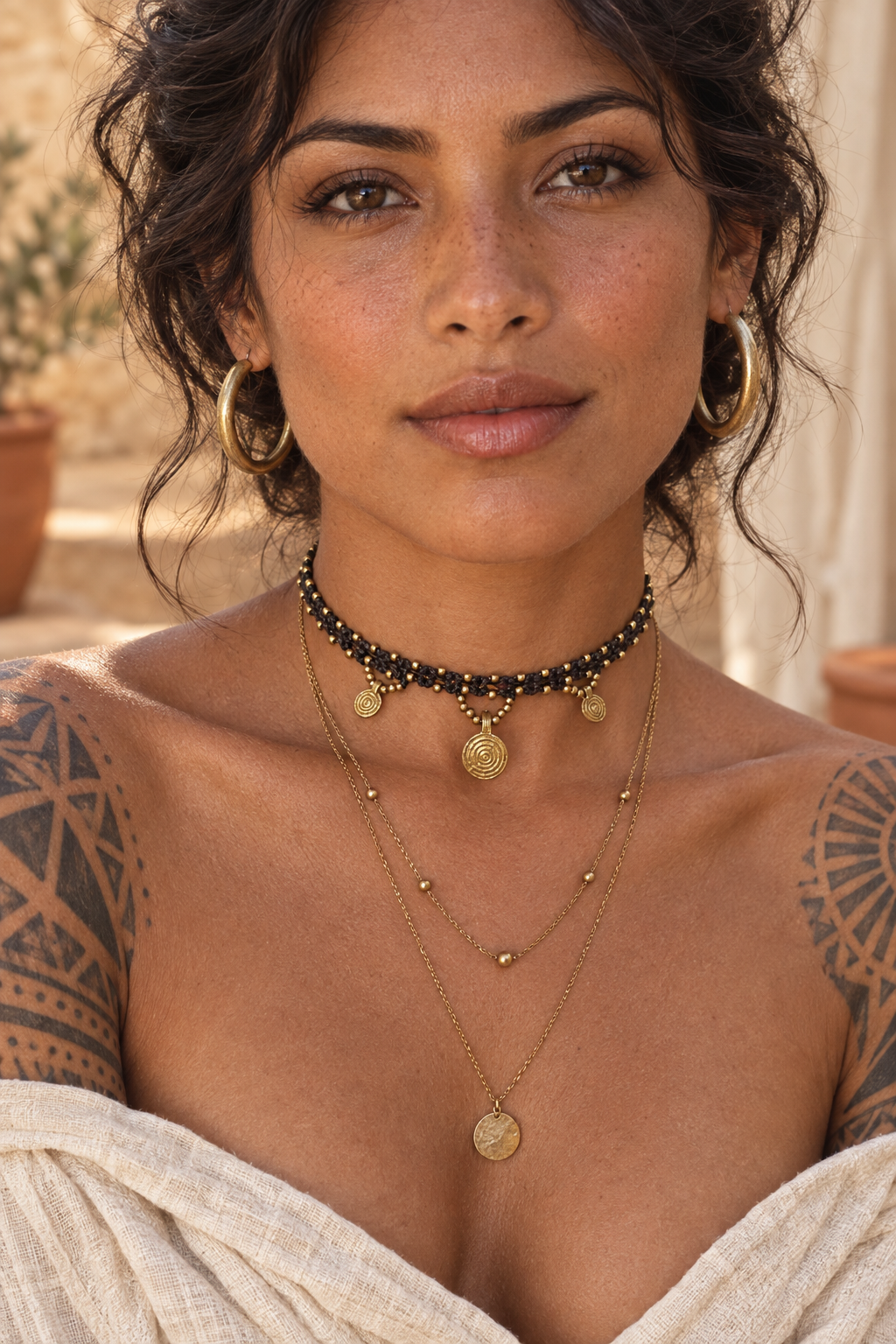 Close-up model wearing the brass macrame choker with geometric tattoos and boho jewellery