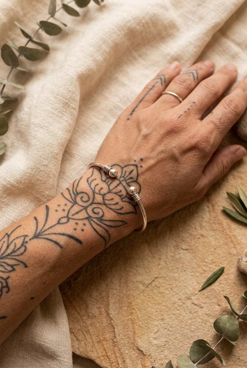 Ball-End Boho Bangle – Silver-Plated Mixed Metal