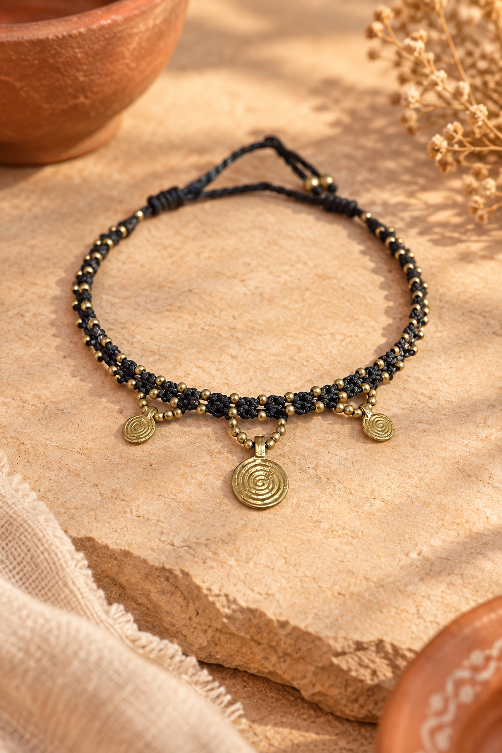 Indian Brown Bohemian Handmade Macrame Brass Choker